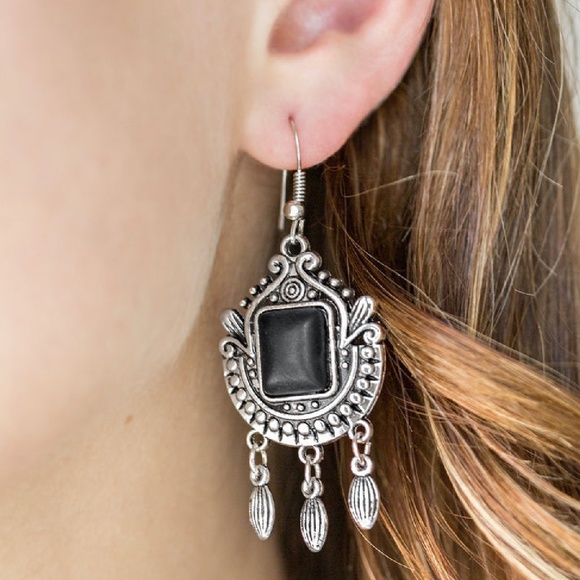 Silver Frame Square Black Stone Fringe Earrings Fishhook OPEN PASTURES - Picture 2 of 2